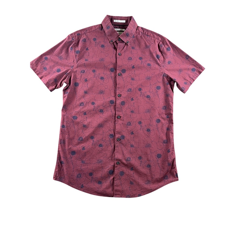 Calibrate Mens Slim Fit Non-Iron Short Sleeve Floral Button Down Burgundy M